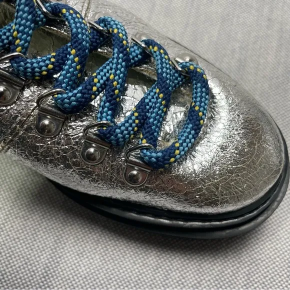 Shutz Lucille Shearling Lined Metallic Silver Lug Sole Hiking Shoes