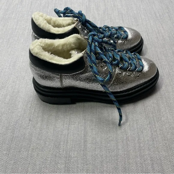 Shutz Lucille Shearling Lined Metallic Silver Lug Sole Hiking Shoes