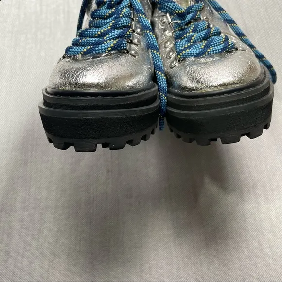 Shutz Lucille Shearling Lined Metallic Silver Lug Sole Hiking Shoes