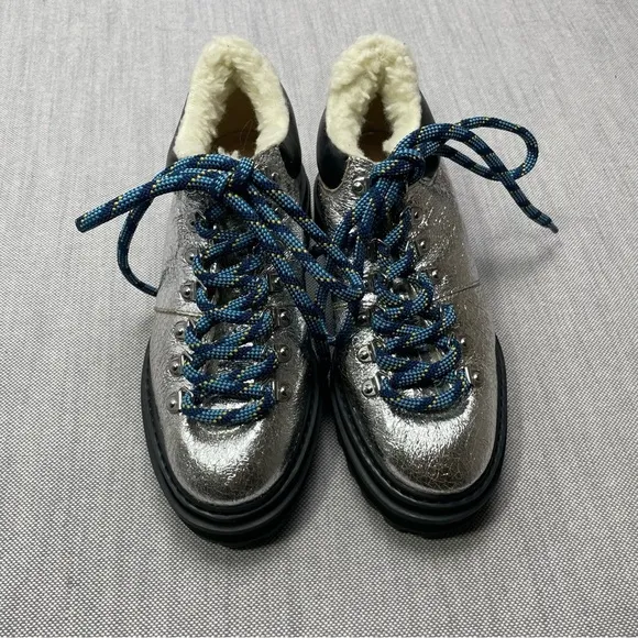 Shutz Lucille Shearling Lined Metallic Silver Lug Sole Hiking Shoes