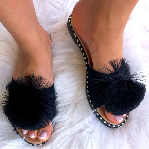 Size 11 Verano Rio Pompon Black Mule Slide In Padded Sandals