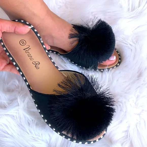 Size 11 Verano Rio Pompon Black Mule Slide In Padded Sandals