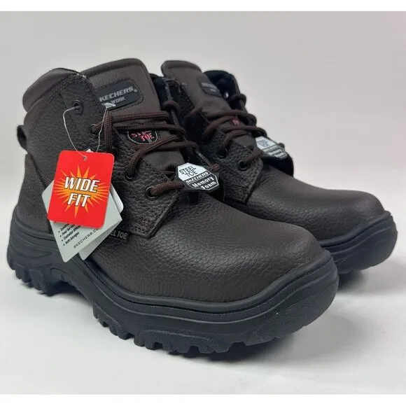 Skechers Work Steel Toe Boot Mens Wide Fit Brown Leather Safety Slip Resistant