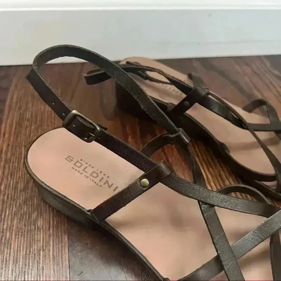 Soldini Italy Strappy Sandals Brown Leather Women’s Size 38 US 7 Buckle Heeled