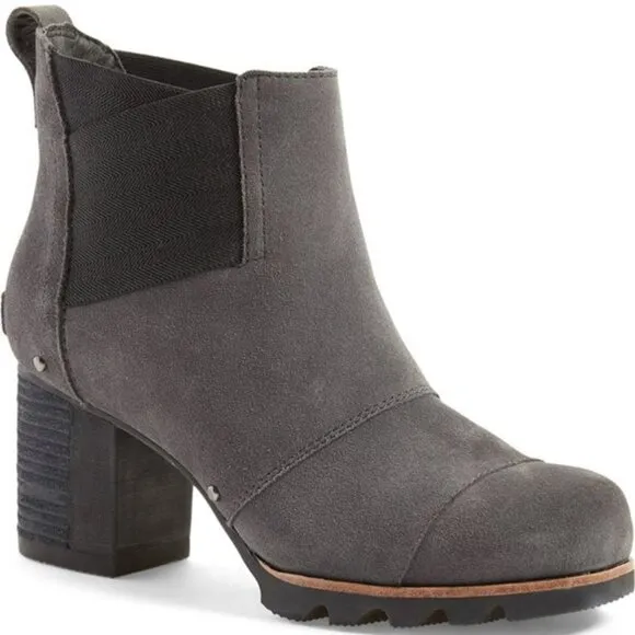 Sorel Addington Grey Suede Waterproof Heeled Chelsea Ankle Boots Womens Size 12