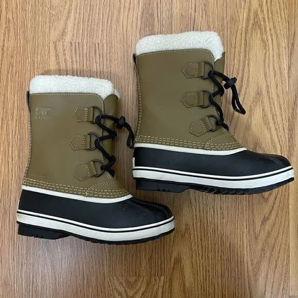 SOREL Caribou yoot pac Winter waterproof sherpa line lace up brown boots youth 1
