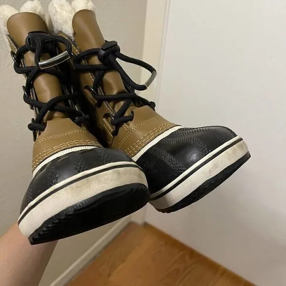 SOREL Caribou yoot pac Winter waterproof sherpa line lace up brown boots youth 1