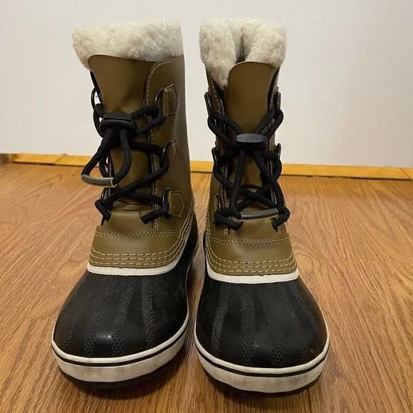 SOREL Caribou yoot pac Winter waterproof sherpa line lace up brown boots youth 1