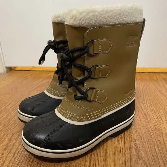 SOREL Caribou yoot pac Winter waterproof sherpa line lace up brown boots youth 1