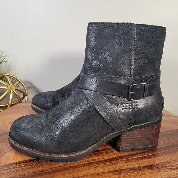 Sorel Cate Black Leather Waterproof Moto Boots Size 7.5