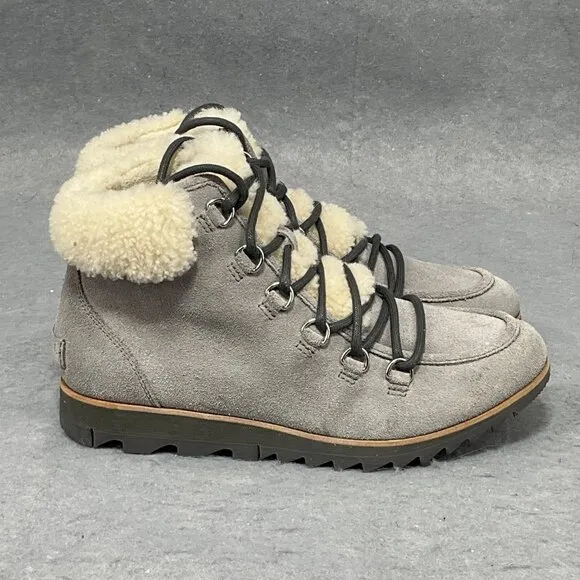 Sorel Harlow Women’s Sz 8.5 Lace Cozy Waterproof Leather Shearling Booties Boots