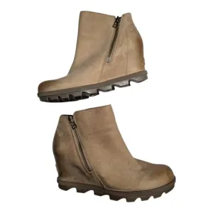 Sorel Joan of Arctic Wedge II Zip Ash Brown Leather Chelsea Ankle Boots Sz 9.5