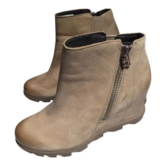 Sorel Joan of Arctic Wedge II Zip Ash Brown Leather Chelsea Ankle Boots Sz 9.5