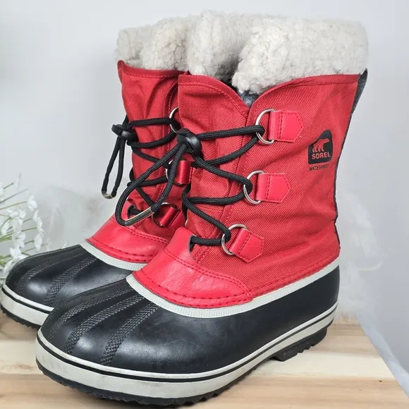 Sorel Red Black Winter Carnival Boots Cooper Mitchell Waterproof Faux Fur Size 6