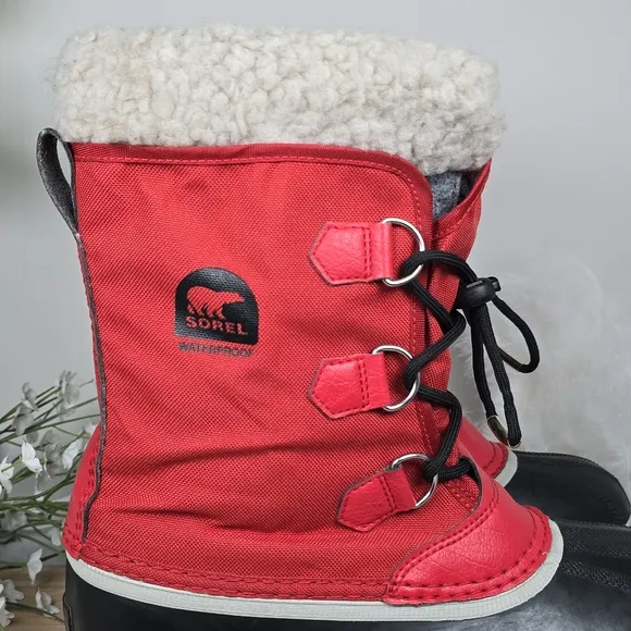 Sorel Red Black Winter Carnival Boots Cooper Mitchell Waterproof Faux Fur Size 6