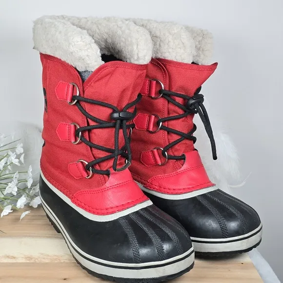 Sorel Red Black Winter Carnival Boots Cooper Mitchell Waterproof Faux Fur Size 6