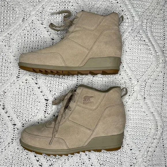 Sorel Tan Evie Sport Lace Up Bootie Waterproof Suede Wedge Ankle‎ Sneaker Boots