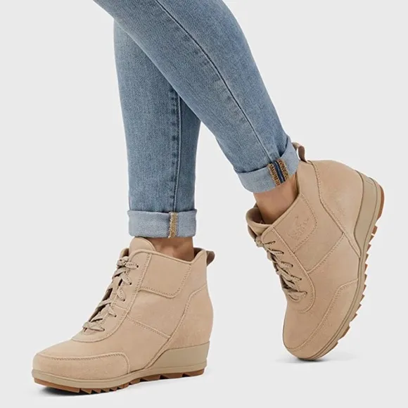 Sorel Tan Evie Sport Lace Up Bootie Waterproof Suede Wedge Ankle‎ Sneaker Boots