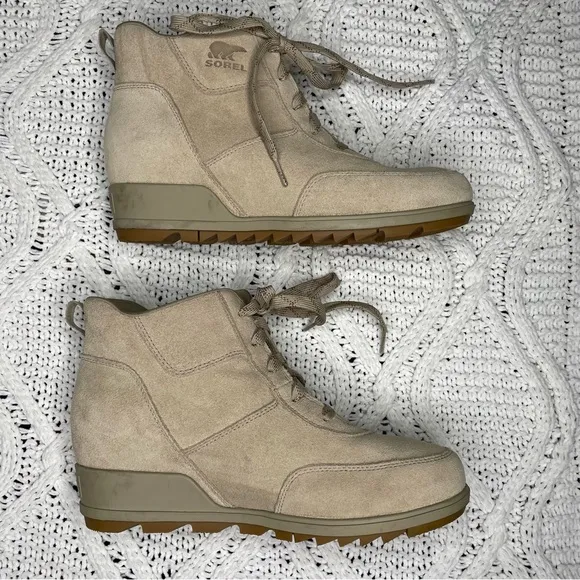 Sorel Tan Evie Sport Lace Up Bootie Waterproof Suede Wedge Ankle‎ Sneaker Boots