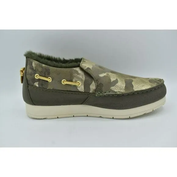 Sperry Womens 8.5 Moc-Sider Olive Metallic Camo Microfleece Lined Slip On Shoes