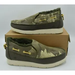Sperry Womens 8.5 Moc-Sider Olive Metallic Camo Microfleece Lined Slip On Shoes