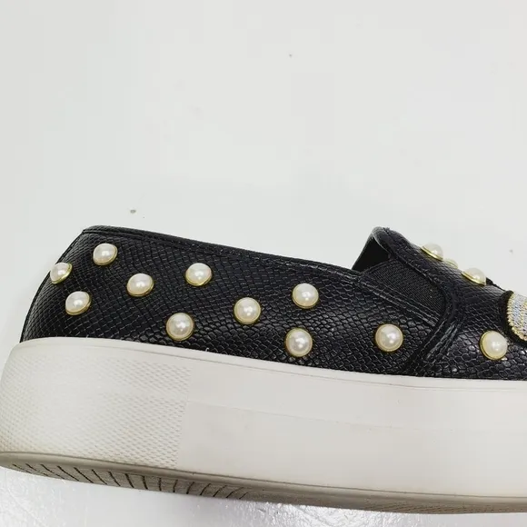 Steve Madden Women Shoes Polly Black Multi Embroidered Slip-On Sneakers Size 8.5