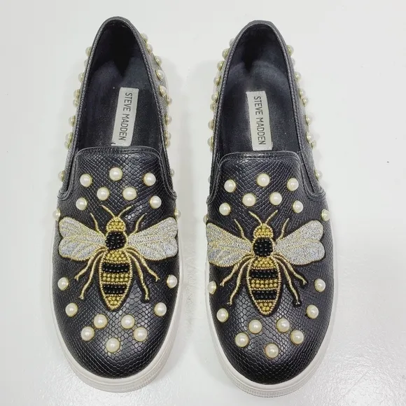 Steve Madden Women Shoes Polly Black Multi Embroidered Slip-On Sneakers Size 8.5