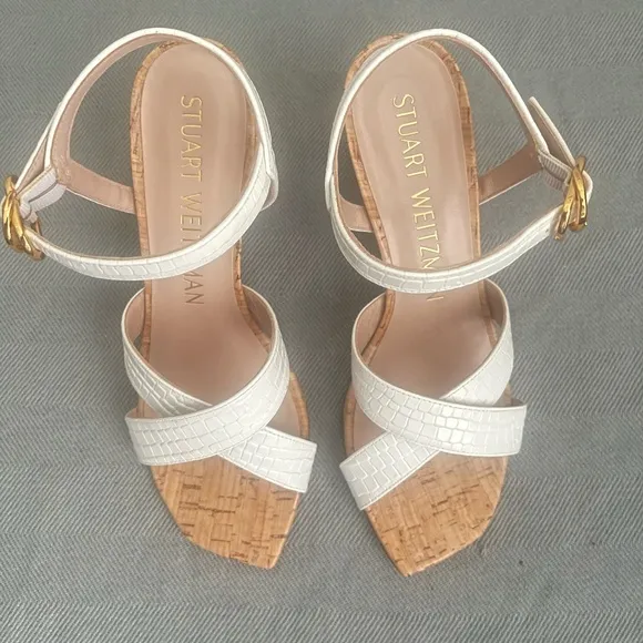 Stuart Weitzman Analeigh women's white 7.5m Easy Cork Sandal heeled