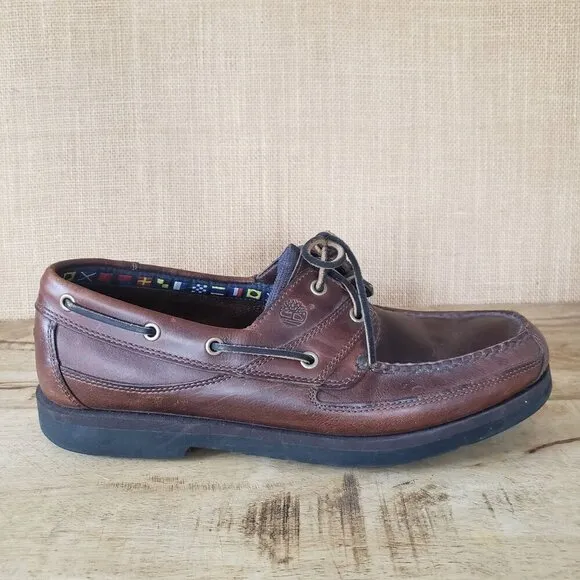 Timberland Mens 12 Brown Leather Moccasin Boat Deck Shoe Loafer Preppy Old Money
