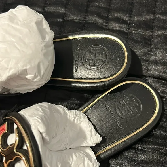 Tory Burch Black/Gold Metal Miller Sandals size 7.5 NEW!