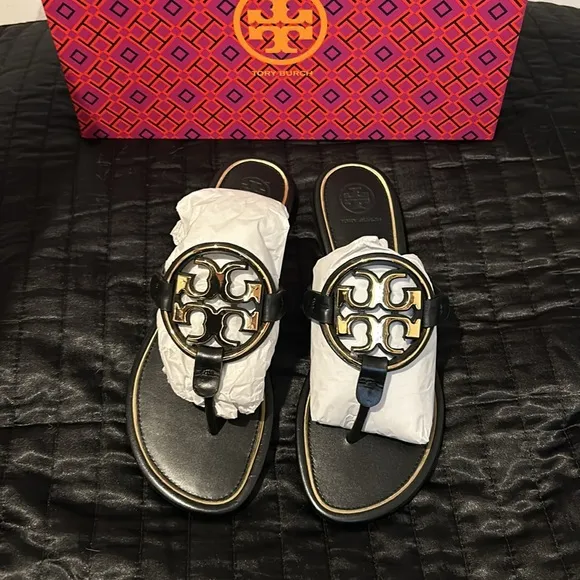 Tory Burch Black/Gold Metal Miller Sandals size 7.5 NEW!