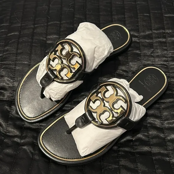 Tory Burch Black/Gold Metal Miller Sandals size 7.5 NEW!