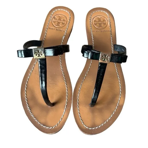 Tory Burch Leighanne Saffiano Black Patent Leather Thong Sandals with Box, Sz 6