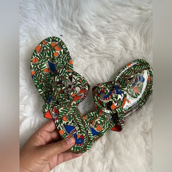 TORY BURCH Miller printed  patent leather orange bird SANDALS SIZE 6