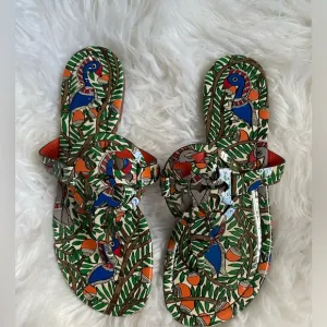 TORY BURCH Miller printed  patent leather orange bird SANDALS SIZE 6