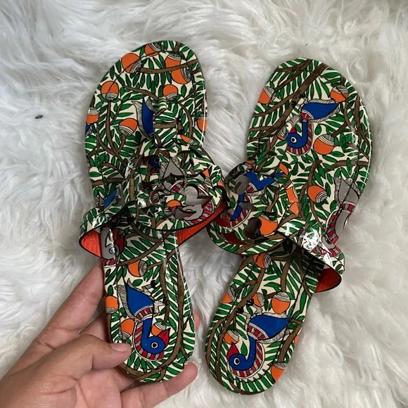 TORY BURCH Miller printed  patent leather orange bird SANDALS SIZE 6