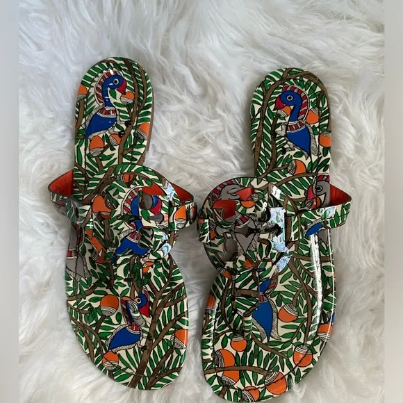 TORY BURCH Miller printed  patent leather orange bird SANDALS SIZE 6