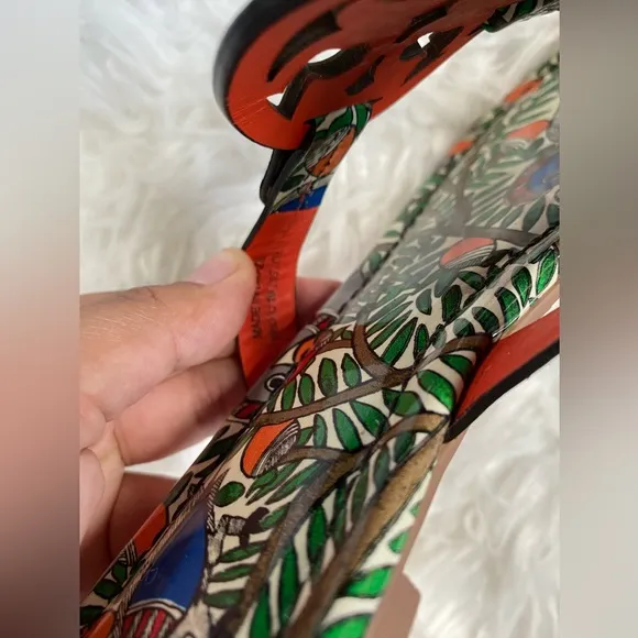 TORY BURCH Miller printed  patent leather orange bird SANDALS SIZE 6