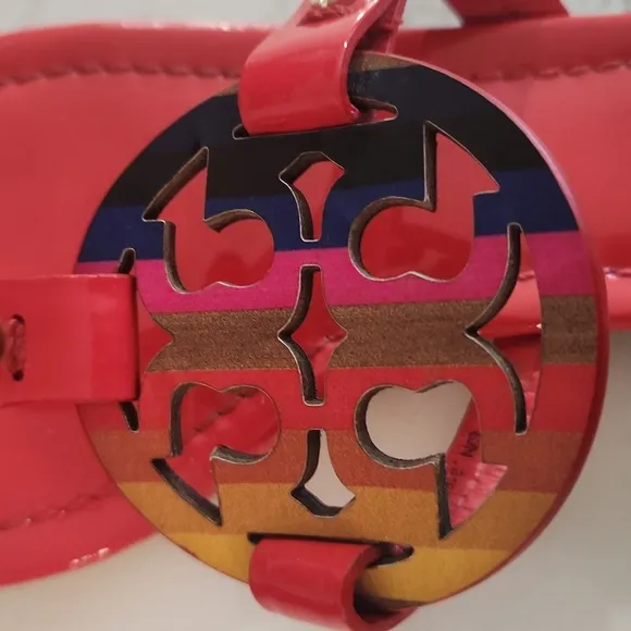 Tory Burch Red Patent Leather Miller Sandals With Rainbow Logo- Size 6