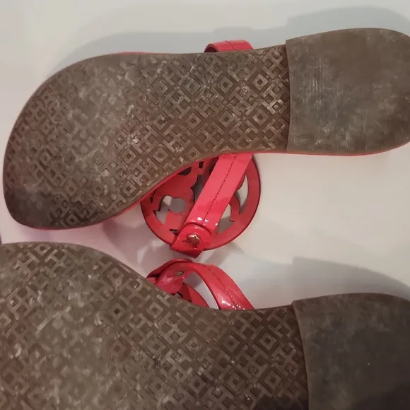 Tory Burch Red Patent Leather Miller Sandals With Rainbow Logo- Size 6