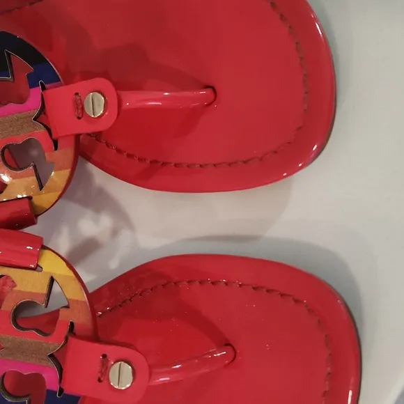 Tory Burch Red Patent Leather Miller Sandals With Rainbow Logo- Size 6
