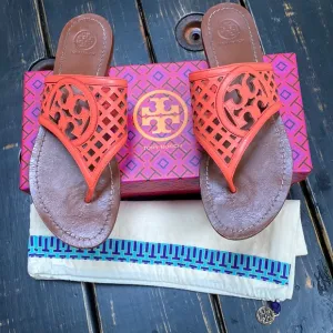 Tory Burch Thatched Lattice Leather Logo Sandals
