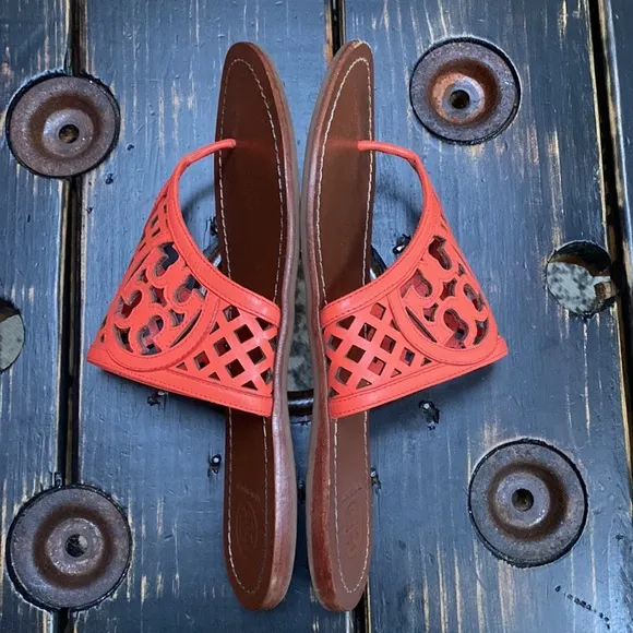 Tory Burch Thatched Lattice Leather Logo Sandals