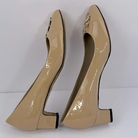 TORY BURCH, TORY BEIGE RALEIGH PUMPS, WITH GOLS LOGO, 1.5 INCH HEELS, SIZE 8-C