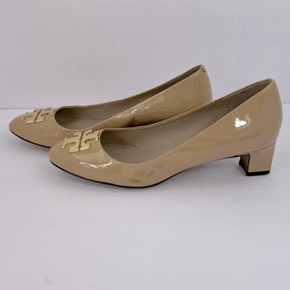 TORY BURCH, TORY BEIGE RALEIGH PUMPS, WITH GOLS LOGO, 1.5 INCH HEELS, SIZE 8-C