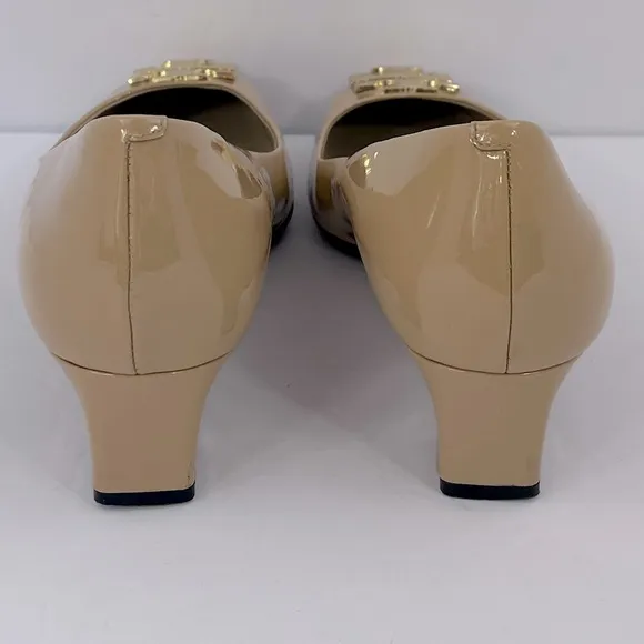 TORY BURCH, TORY BEIGE RALEIGH PUMPS, WITH GOLS LOGO, 1.5 INCH HEELS, SIZE 8-C