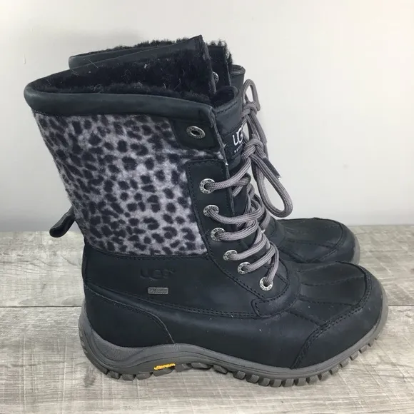 UGG 1102936 Adirondack II Waterproof Women Black Leopard Print Leather Boots 5.5