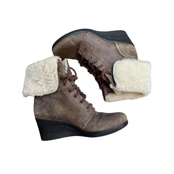 Ugg Australia Womens Zea Brown Leather Waterproof Wedge Boots Size 8