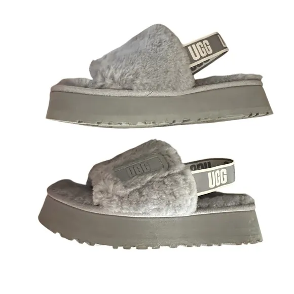 UGG Disco Slides Shoes cozy fluff and retro-style platform soles.