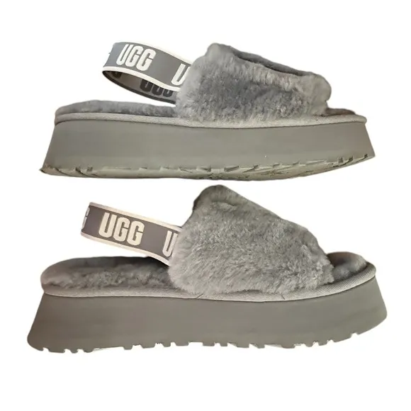 UGG Disco Slides Shoes cozy fluff and retro-style platform soles.